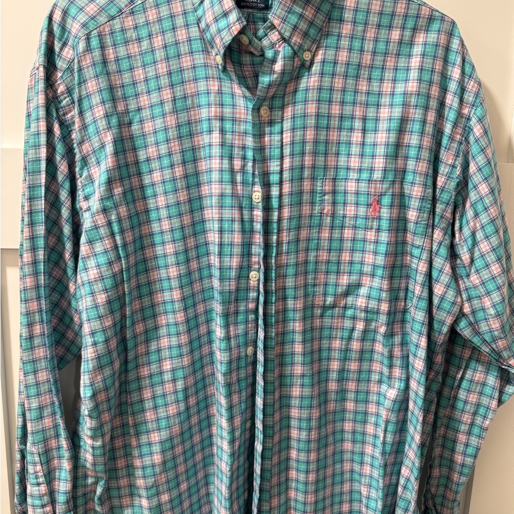 Ralph Lauren Men's Plaid Shirt - Teal and Pink